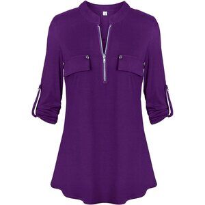 Womens Purple V Neck Zip Cuffed Sleeve Flowy  Casual Work Tunic Tops Shirt